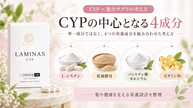 ヘアバース(ラミナスCYP)のCYPを構成するL-シスチン、乾燥酵母、パントテン酸カルシウム、ビタミンB1の4成分を示した図