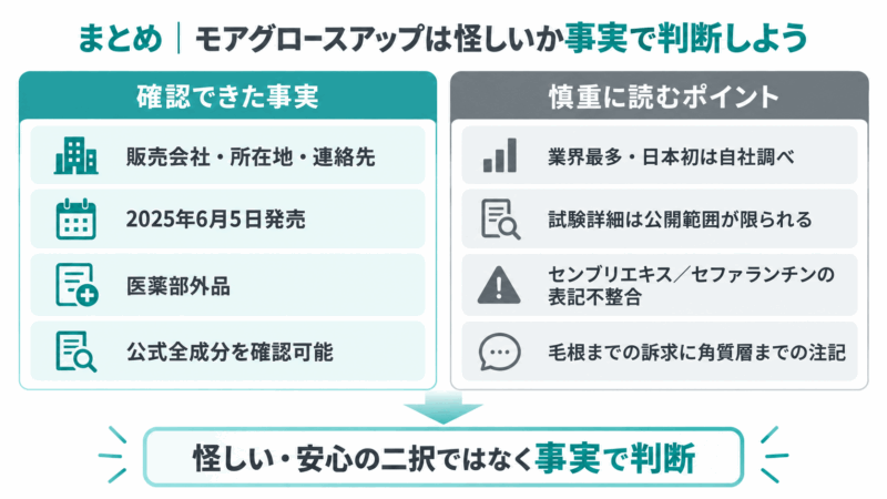 モアグロースアップについて確認できた事実と慎重に読むポイントを比較し、事実で判断する考え方をまとめた図