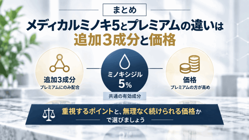 メディカルミノキ5とプレミアムはミノキシジル5％が共通で、主な違いは追加3成分と価格であることを示したまとめ図