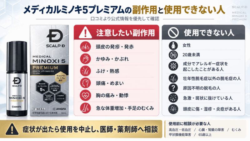メディカルミノキ5プレミアムの副作用と使用できない人・使用上の注意