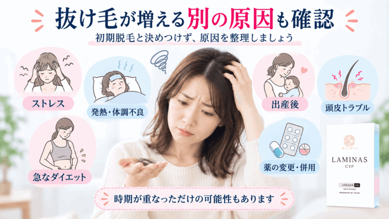 ヘアバース開始後の抜け毛について、ストレスや体調不良、出産、頭皮トラブルなど別の原因を確認する図
