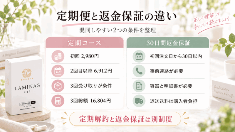 ラミナスCYPの定期便3回条件と30日間返金保証の違いを比較した図解