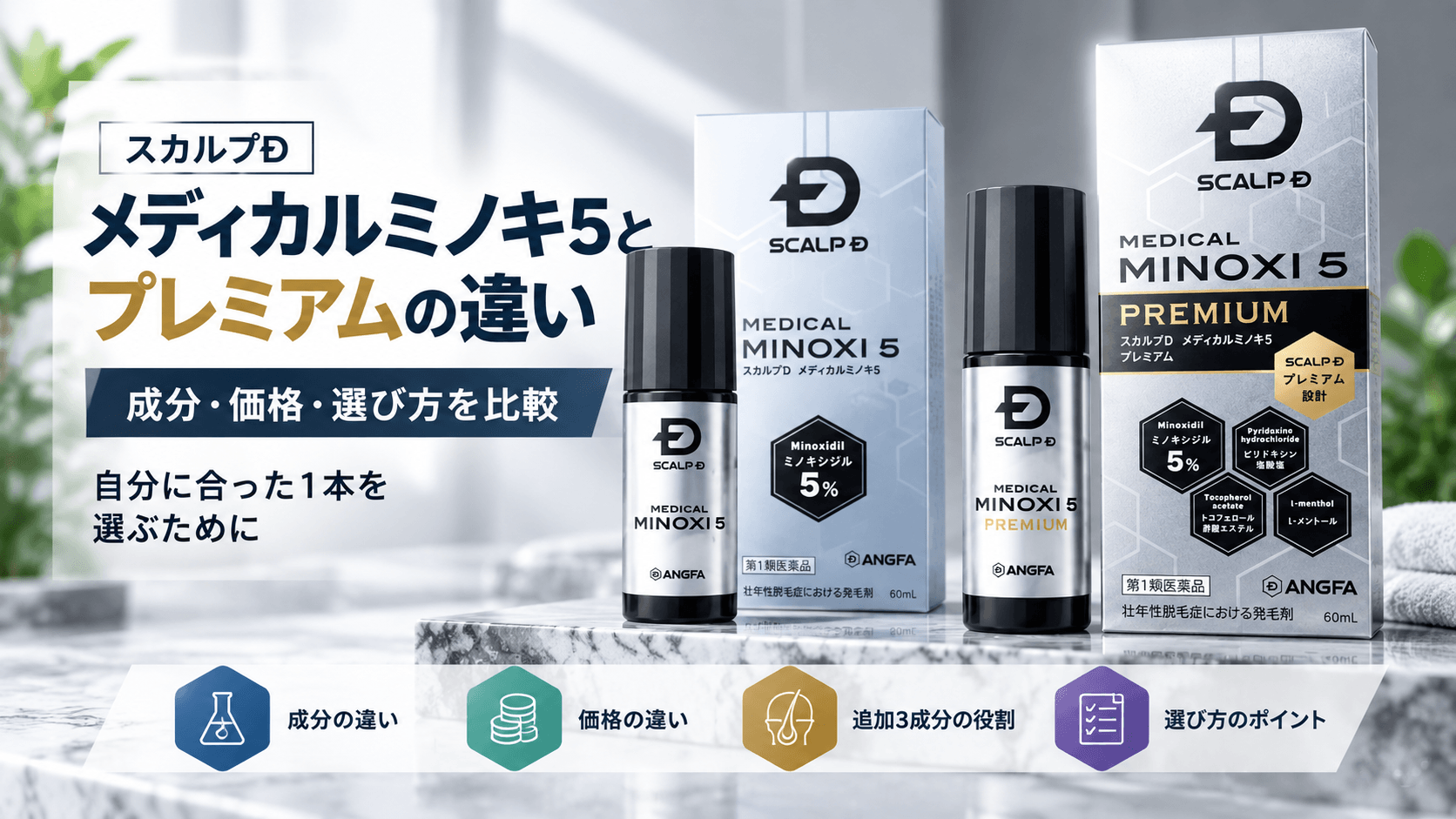 メディカルミノキ5とプレミアムを並べ、成分・価格・選び方の違いを示した比較イメージ