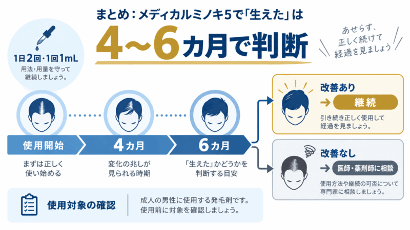 メディカルミノキ5の効果を4~6カ月で確認し、改善の有無で継続や相談を判断する図