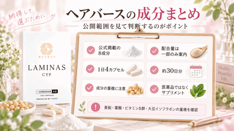ヘアバース(ラミナスCYP)の成分情報をまとめた図。公式掲載8成分、1日4カプセル、約30日分、配合量の公開範囲や他サプリとの成分重複を確認するポイントを整理