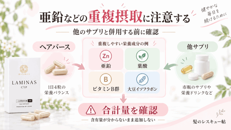 ヘアバースと他サプリの併用時に、亜鉛、葉酸、ビタミンB群、大豆イソフラボンの重複摂取と合計量確認の重要性を示す図