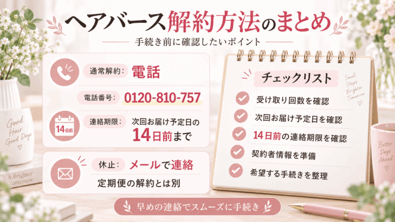 ヘアバースの解約電話番号、14日前の連絡期限、休止はメールなど手続き前の確認事項をまとめたチェックリスト