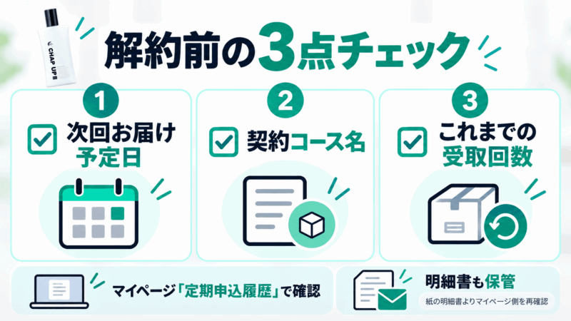 チャップアップ解約前に次回お届け予定日・契約コース名・受取回数を確認する3点チェック