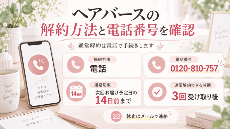 ヘアバースの解約は電話で行い、電話番号0120-810-757と次回お届け予定日の14日前までの連絡期限を示した図