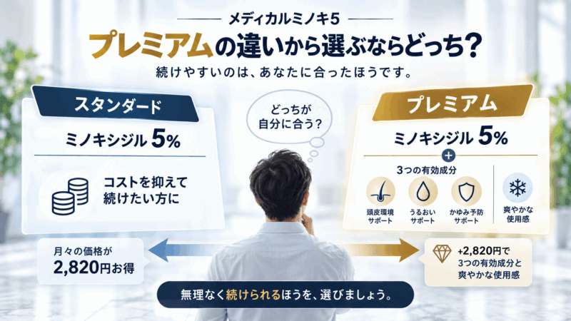 メディカルミノキ5のスタンダードとプレミアムを、継続コストと追加3成分の違いから選ぶポイントを示した図