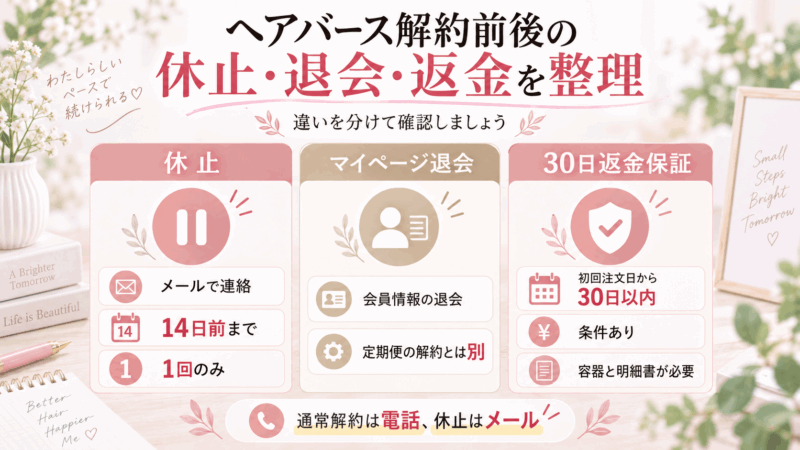 ヘアバースの休止はメール、マイページ退会は定期便解約とは別、30日返金保証には条件があることを整理した図