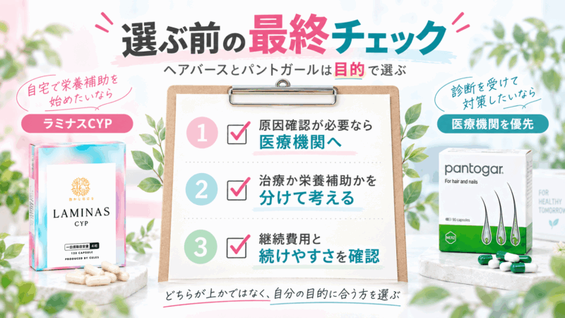 ヘアバースとパントガールを選ぶ前に、原因確認・利用目的・継続費用と続けやすさを確認する3つのチェックポイント