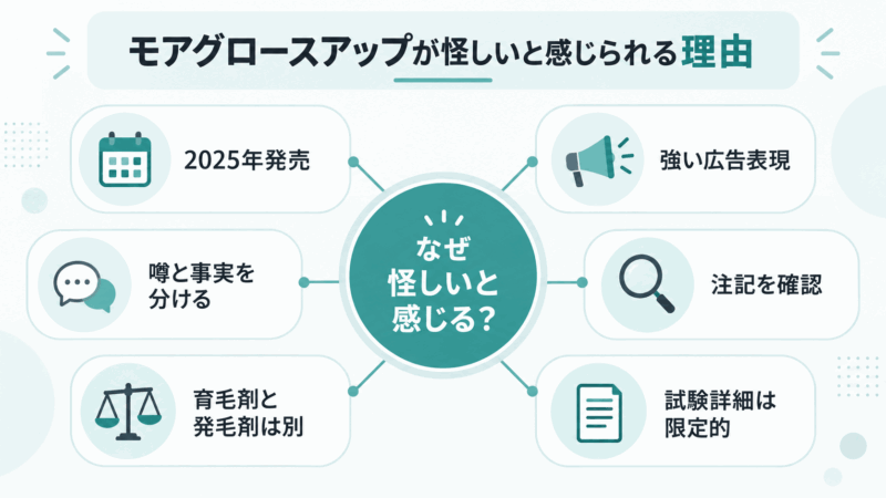 モアグロースアップが怪しいと感じられる理由を、2025年発売や広告表現、注記など6項目で整理した