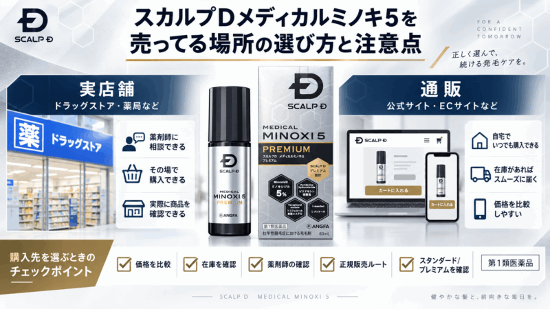 スカルプDメディカルミノキ5の実店舗と通販の違い、在庫・薬剤師確認・価格・正規販売ルートなど購入時のチェックポイントを示す画像