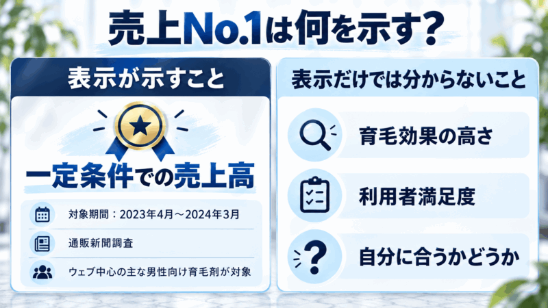 チャップアップの売上No.1表示について、調査対象の売上高実績と育毛効果・利用者満足度との違いを説明した比較図