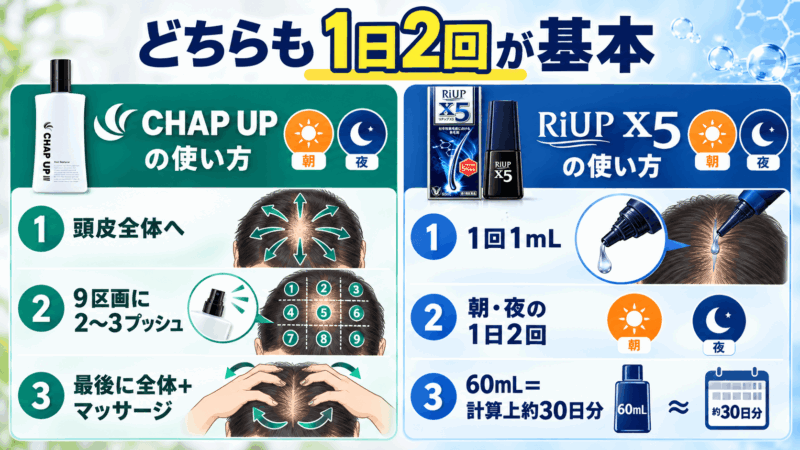 チャップアップの頭皮全体への塗布とマッサージ、リアップX5の1回1mLを朝夜使う方法を比較した使い方図
