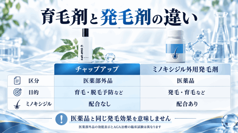 チャップアップが効果ないと言われる背景を、期待する結果・薄毛の原因・使用期間・使用方法の4つに整理した図解